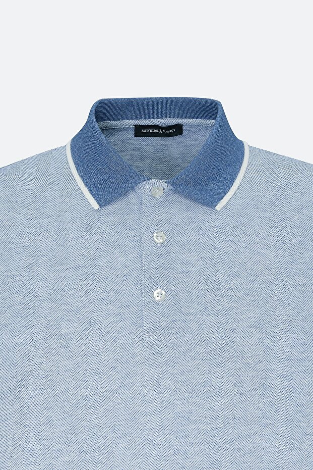 Erkek Mavi Slim Fit Dar Kesim Pamuklu Jakarlı Polo Yaka Tişört - 6