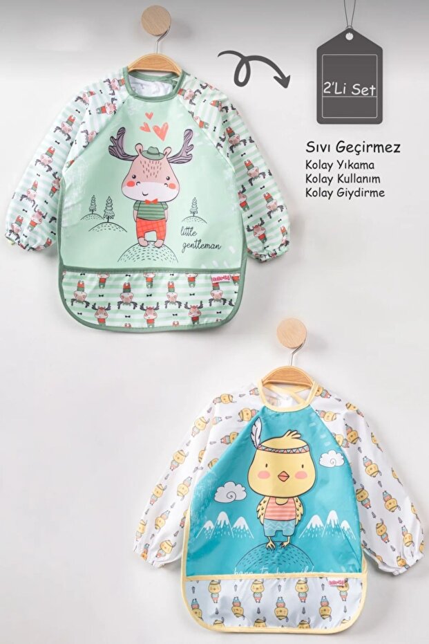 Deer and Chick Pattern Baby Food Bib with Sleeves and Pockets
