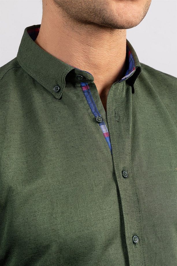 Erkek Slim Fit Dar Kesim Uzun Kollu Pamuklu Oxford Doku Kolay Ütülenebilir Yeşil Düğmeli Yaka Gömlek - 3