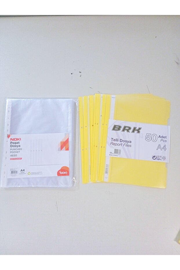 NOKİ PUNCHED POCKET 4830 100 ADET POŞET DOSYA-50 ADET BRK KALİTELİ TELLİ DOSYA SARI - 1