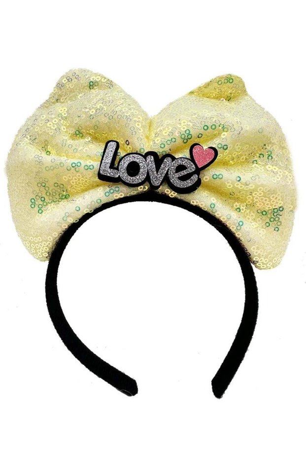 Silver Love Written Yellow Bow Crown with Led Lights, 3 Different Functions, 20X17 cm