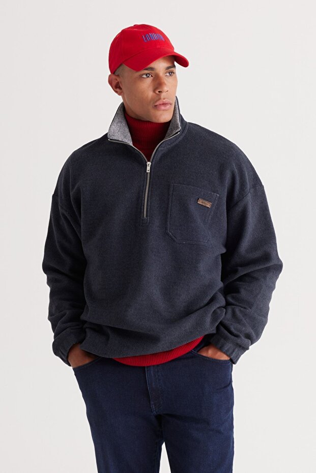 Men's Indigo Melange Loose Fit Fleece Thread High Bato Collar Cotton Sweatshirt
