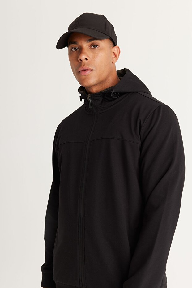 Erkek Siyah Slim Fit Dar Kesim Kapüşonlu Pamuklu Sweatshirt Ceket - 4