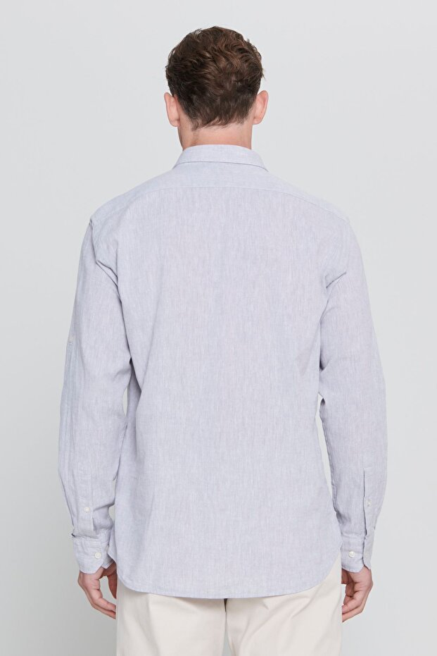 Erkek Gri Keten Comfort Fit Rahat Kesim Düğmeli Yaka Casual Gömlek - 5
