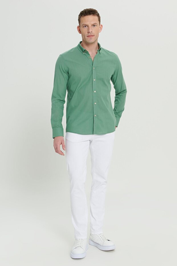 Erkek Haki Keten Görünümlü %100 Pamuk Nefes Alabilen Kumaş Slim Fit Düğmeli Yaka Flamlı Gömlek - 2