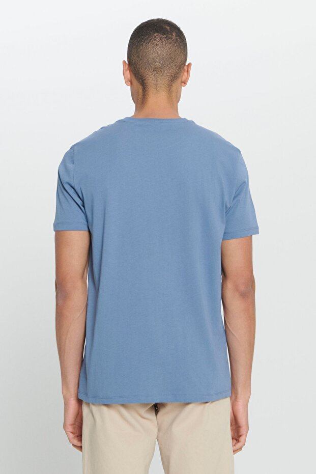 Erkek İndigo Standart Fit Normal Kesim %100 Pamuk Baskılı Bisiklet Yaka Tişört - 6