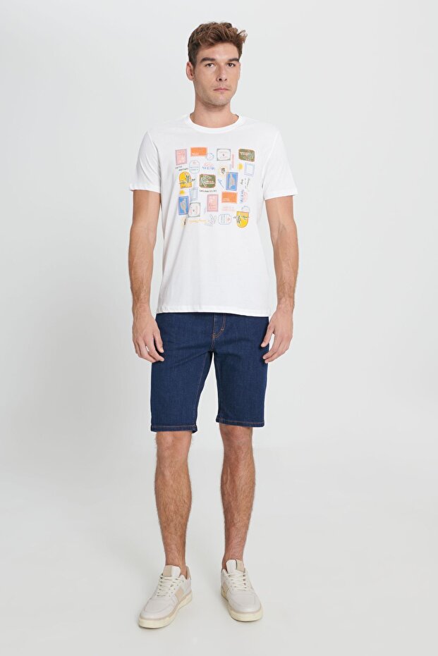 Erkek Ekru Standart Fit Normal Kesim %100 Pamuk Baskılı Bisiklet Yaka Tişört - 2