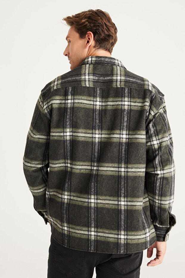 Erkek Hakı-sıyah Oversize Bol Kesim Düğmeli Yaka Kareli Oduncu Kışlık Gömlek Ceket - 6