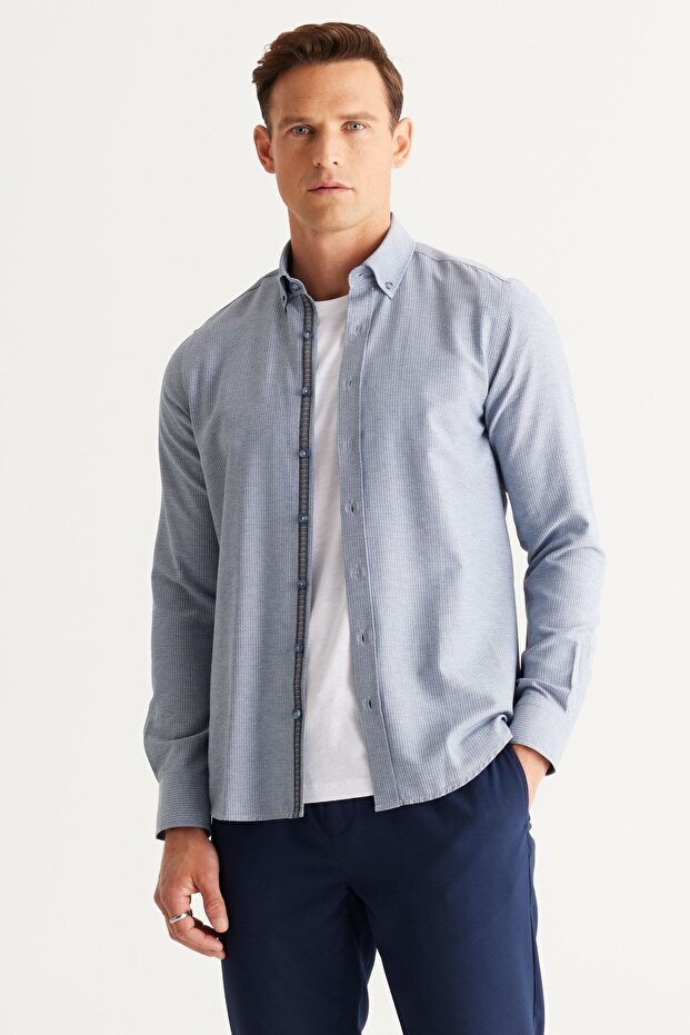 Men's Indigo Slim Fit Narrow Cut Button Collar Cotton Dobby Shirt