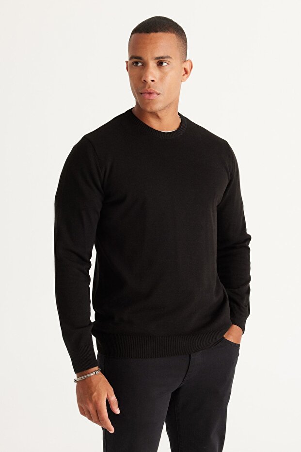 Men's Black Standard Fit Regular Cut Crew Neck Cotton Knitwear Sweater