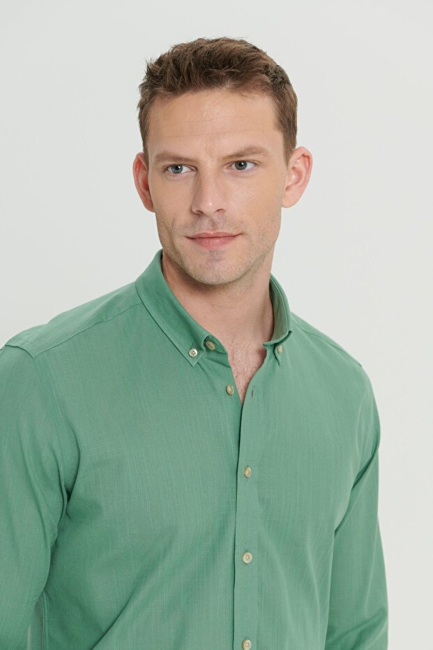 Erkek Haki Keten Görünümlü %100 Pamuk Nefes Alabilen Kumaş Slim Fit Düğmeli Yaka Flamlı Gömlek - 5