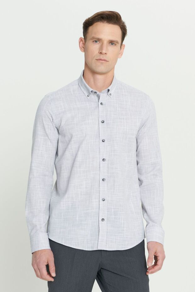 Erkek Antrasit Slim Fit Dar Kesim Düğmeli Yaka Keten Görünümlü %100 Pamuk Flamlı Gömlek - 1