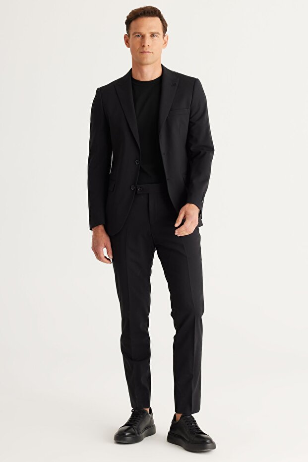 Erkek Siyah Slim Fit Dar Kesim Kırlangıç Yaka Cordura Kumaş Desenli Yünlü Takım Elbise - 8