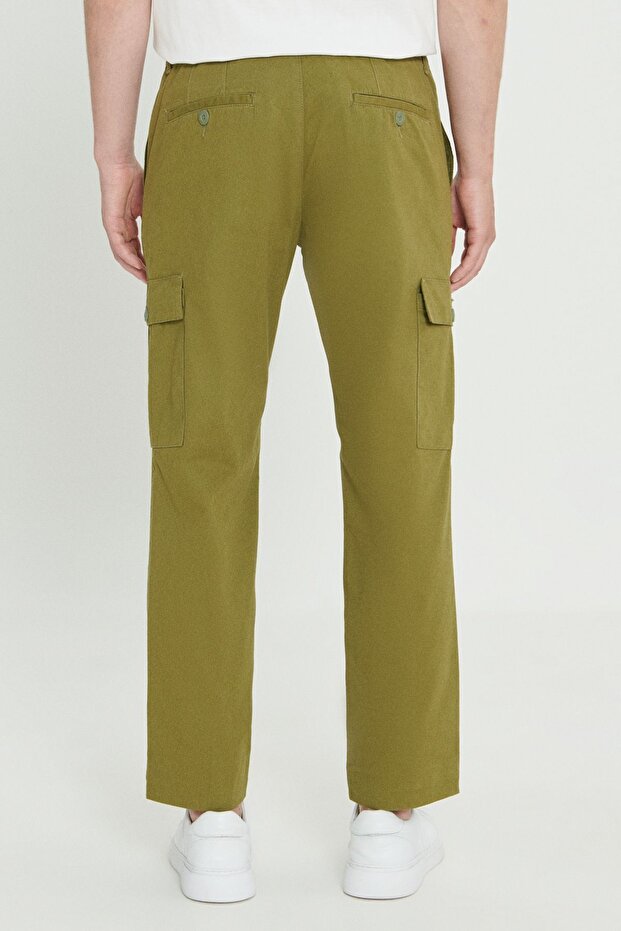 Erkek Haki Comfort Fit Rahat Kesim Pamuklu Esnek Yan Cepli Kargo Pantolon - 5
