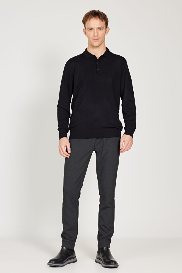 Erkek Siyah Standart Fit Normal Kesim Polo Yaka Triko Kazak - 2