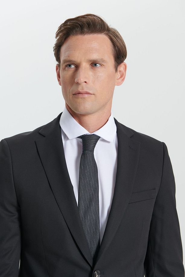 Erkek Siyah Slim Fit Dar Kesim Mono Yaka Takım Elbise - 5