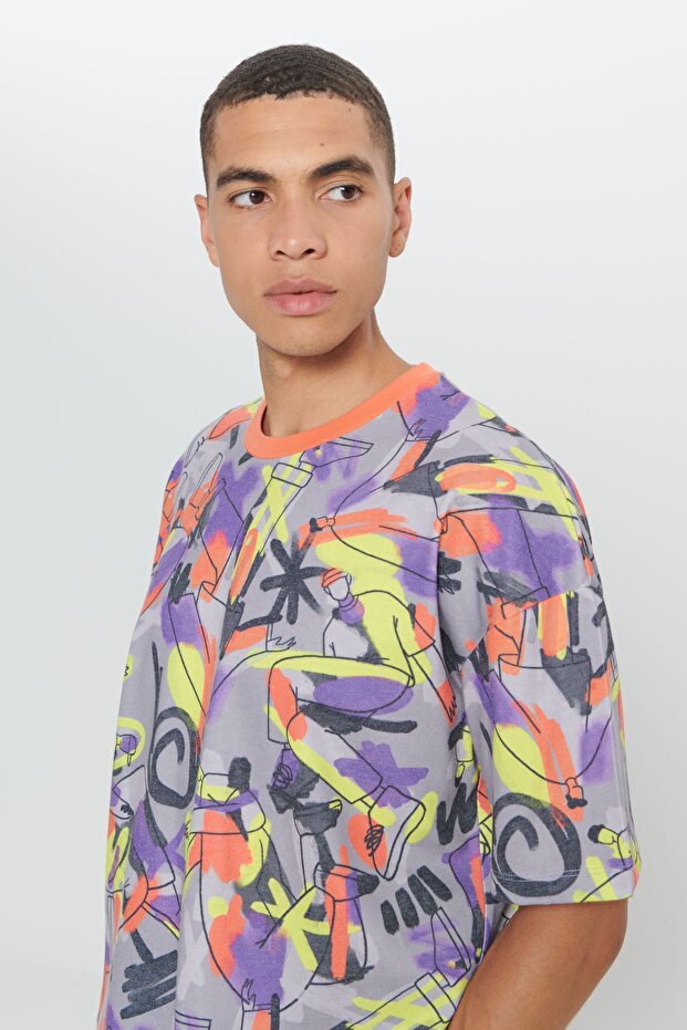 Erkek Sarı Oversize Bol Kesim Pamuklu Yumuşak Dokulu Grafiti Tasarım Baskılı Bisiklet Yaka Tişört - 5