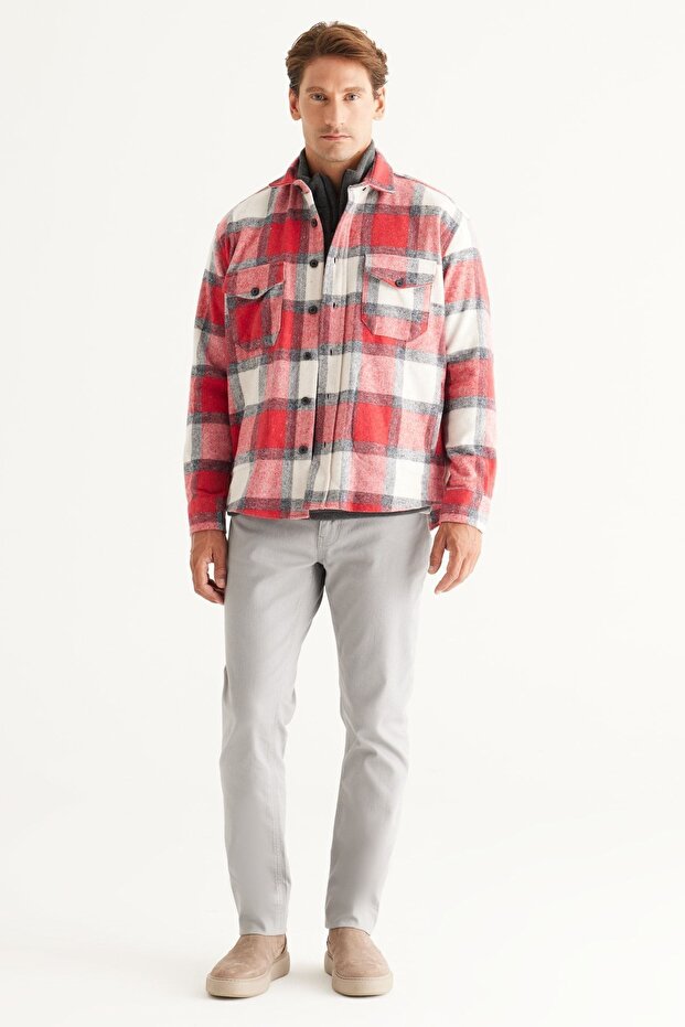 Herren-Winter-Hemdjacke in Übergröße in Ecru mit lockerem Schnitt und Knopfkragen in Rot - 2