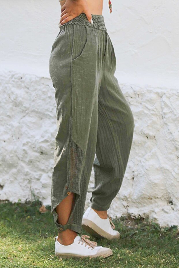 Khaki Pocketed Mesh Detailed Washed Woven Elastic Waist Jogger Casual Trousers
