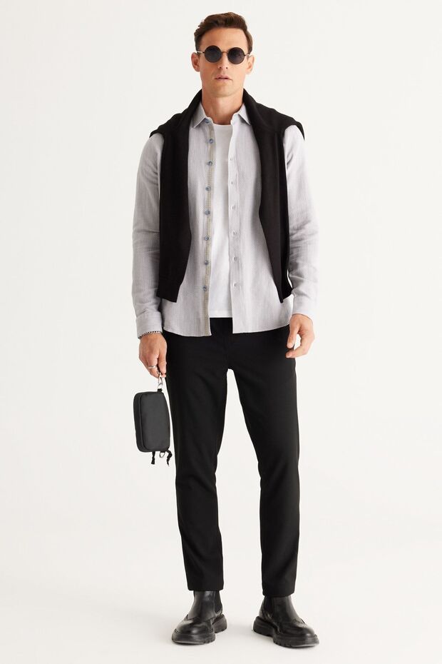 Erkek Gri Slim Fit Dar Kesim Klasik Yaka %100 Pamuk Armürlü Gömlek - 5