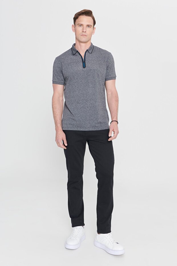 Erkek Antrasit-melanj Slim Fit Dar Kesim Fermuarlı Polo Yaka Pamuklu Kısa Kollu Tişört - 2