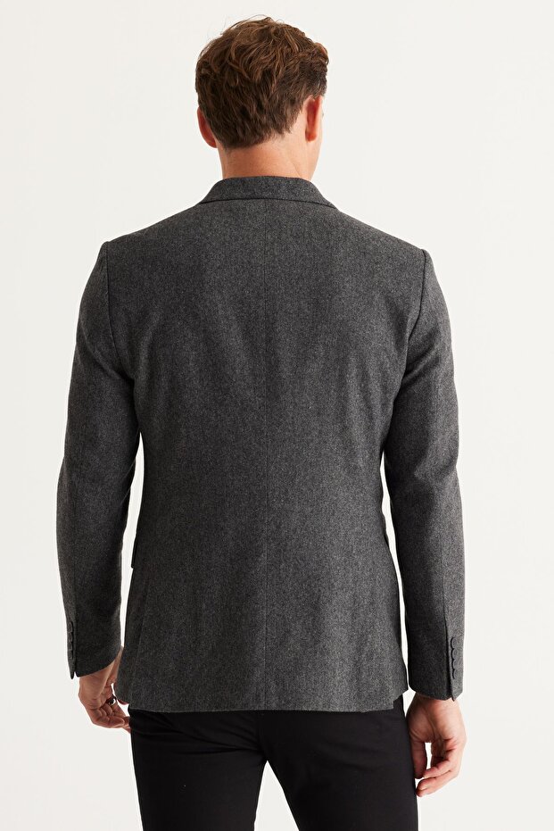 Erkek Siyah Slim Fit Dar Kesim Kırlangıç Yaka Yünlü Kruvaze Blazer Ceket - 5