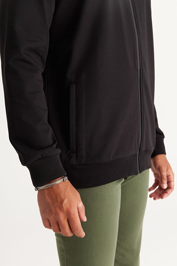 Erkek Siyah Slim Fit Dar Kesim Kapüşonlu Pamuklu Sweatshirt Ceket - 5