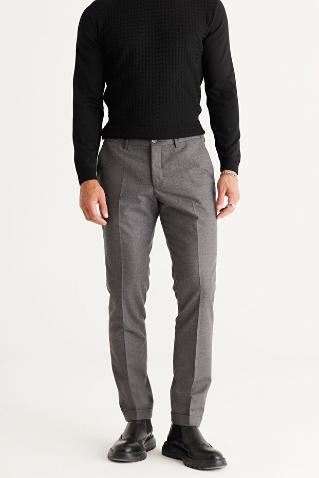 Men's Gray Slim Fit Slim Fit Side Pocket Elastic Waist Classic Fabric Trousers