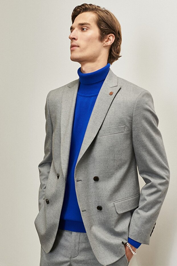 Szary męski garnitur slim fit z jaskółczym kołnierzem, dwurzędowy - 1