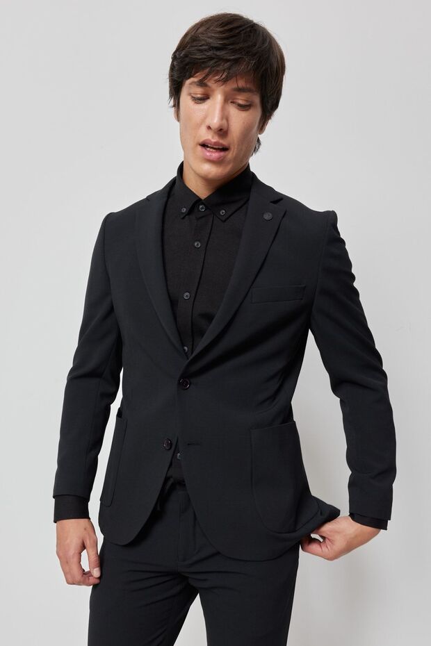 Men's Black Slim Fit Narrow Cut Mono Collar Suit with Travel Bag