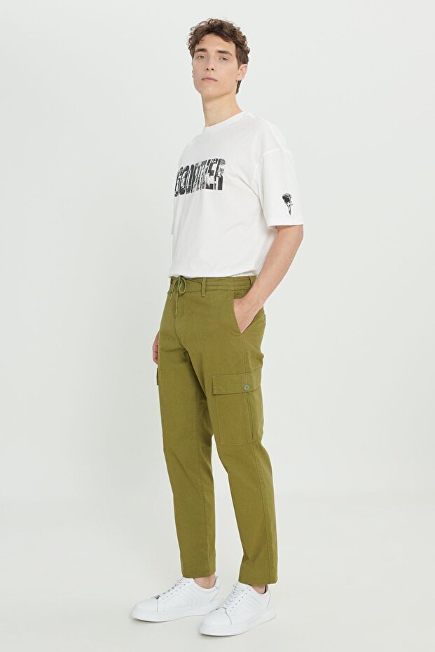 Erkek Haki Comfort Fit Rahat Kesim Pamuklu Esnek Yan Cepli Kargo Pantolon - 2