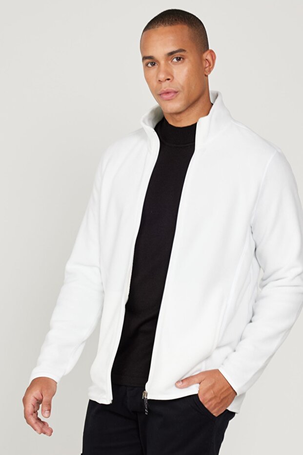 Erkek Beyaz Anti-pilling Tüylenme Yapmayan Standart Fit Dik Bato Yaka Sweatshirt Polar Ceket - 3