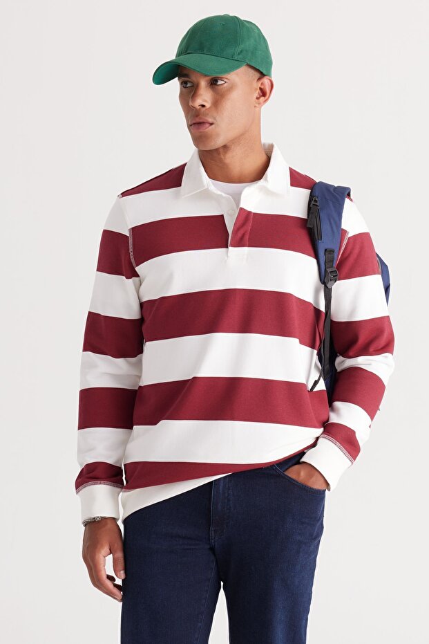 Men's Ecru-burgundy Standard Fit Regular Cut Fleece Inside 3 Thread Polo Collar Cotton Sweatshirt