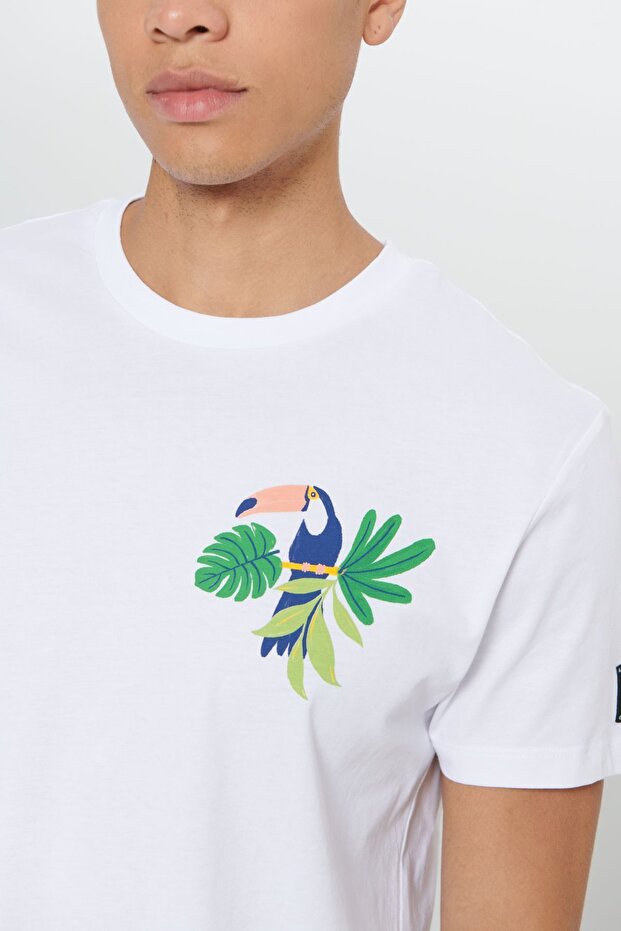 Erkek Beyaz Standart Fit Normal Kesim %100 Pamuk Yumuşak Dokulu Tasarım Baskılı Bisiklet Yaka Tişört - 7