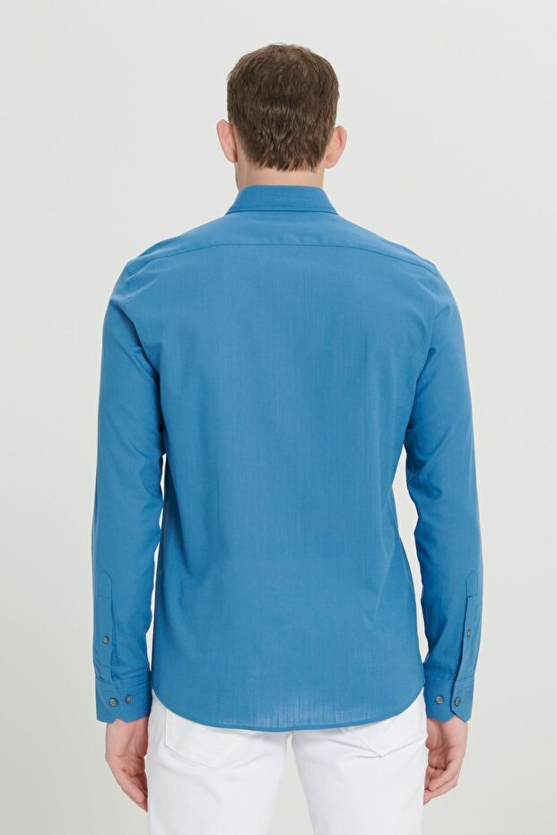 Erkek Petrol Keten Görünümlü %100 Pamuk Nefes Alabilen Kumaş Flamlı Slim Fit Düğmeli Yaka Gömlek - 6