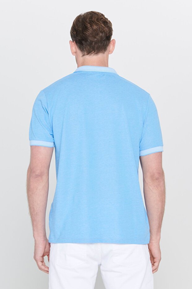 Erkek Çekmeyen Pamuklu Kumaş Regular Fit Rahat Kesim Mavi Kıvrılmaz Polo Yaka Cepli Tişört - 6