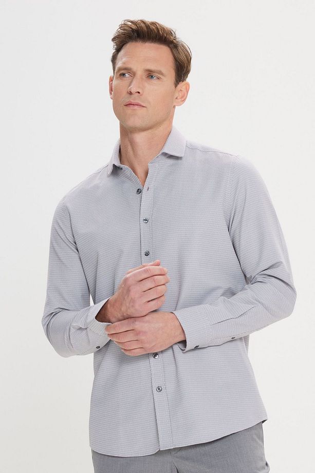 Erkek Gri Slim Fit Dar Kesim Klasik Yaka Pamuklu Armürlü Gömlek - 3