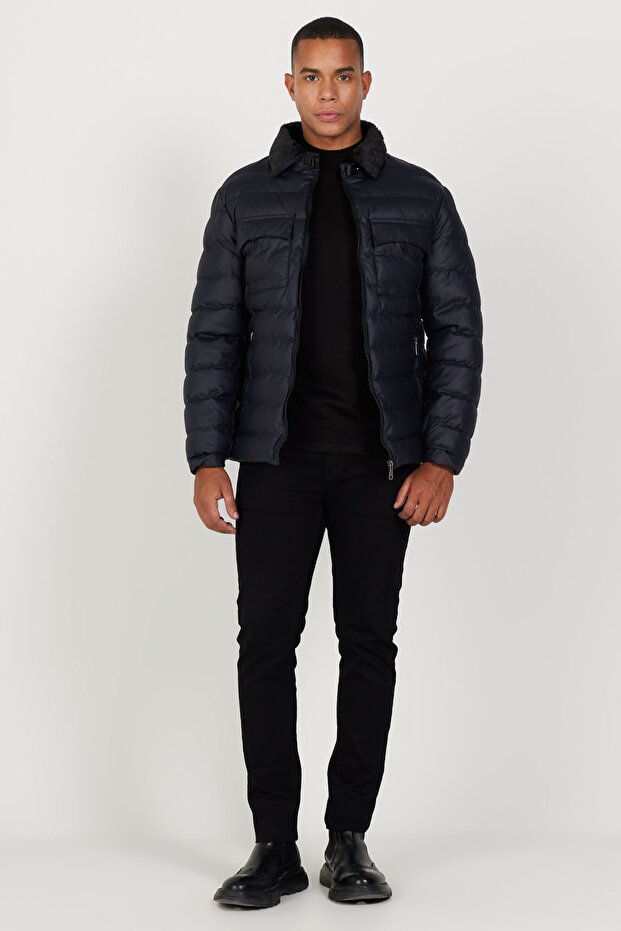 Erkek Lacivert Standart Fit Normal Kesim Dik Yaka Desenli Mont - 3