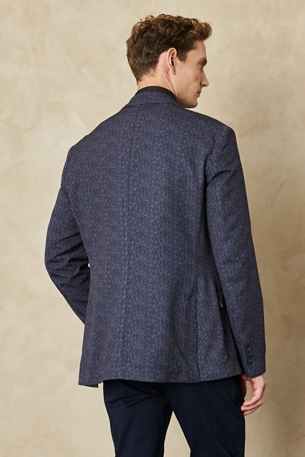 Erkek Lacivert Magic Fit Kırlangıç Yaka Balıksırtı Desenli Kırışmaz Blazer Ceket - 5