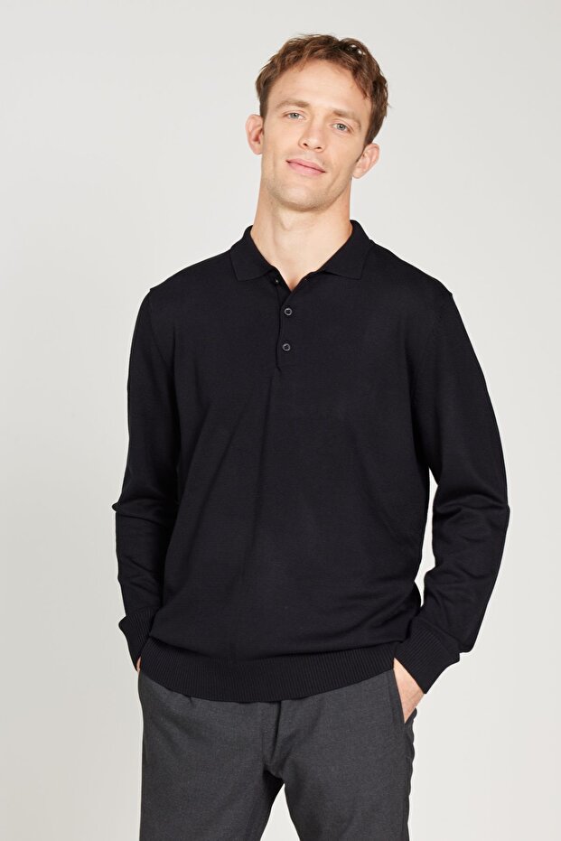 Erkek Siyah Standart Fit Normal Kesim Polo Yaka Triko Kazak - 3