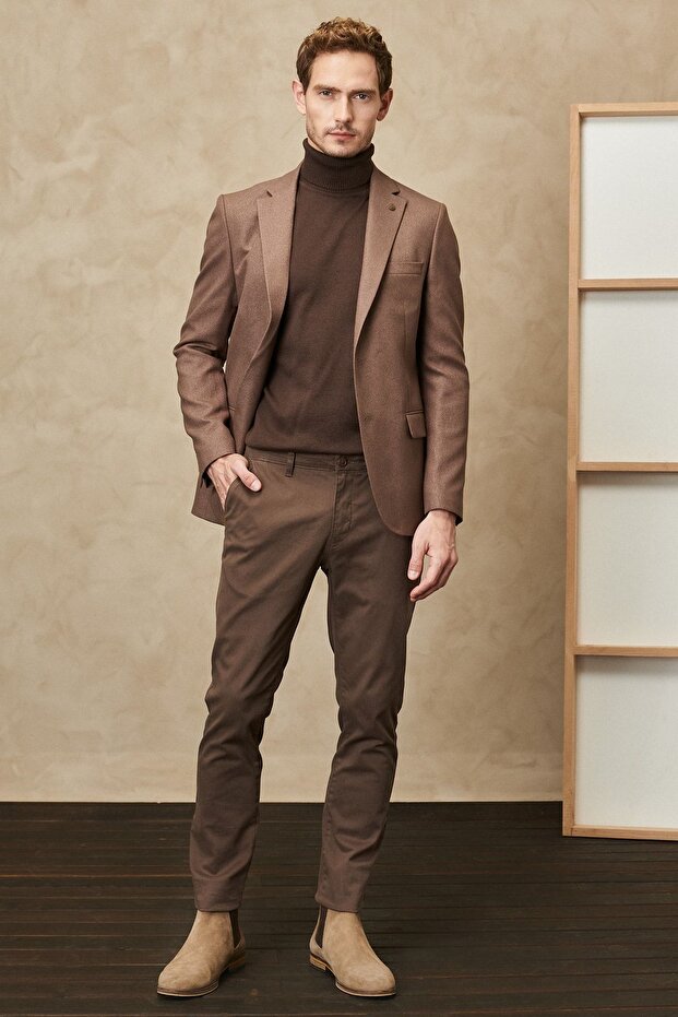 Erkek Kahverengi Slim Fit Dar Kesim Mono Yaka Diyagonal Desenli Ceket - 2