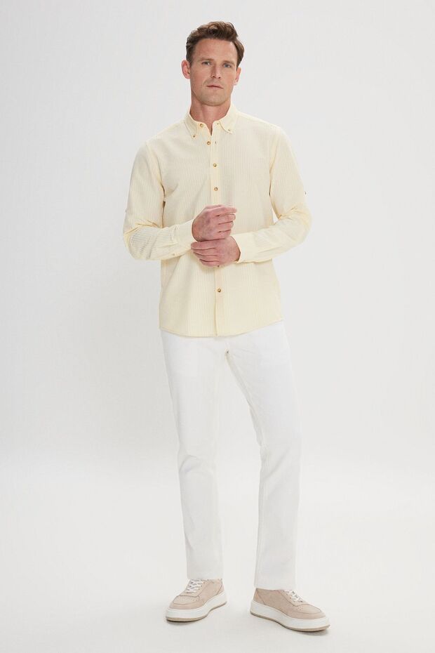 Erkek Sarı Kırışmayan Teknik Oxford Gofre Desenli Slim Fit Dar Kesim Düğmeli Yaka Esnek Gömlek - 3