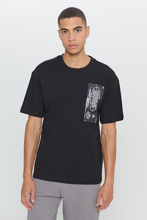 Men's Black Loose Fit Loose Cut 100% Cotton Slogan Printed Crew Neck T-Shirt
