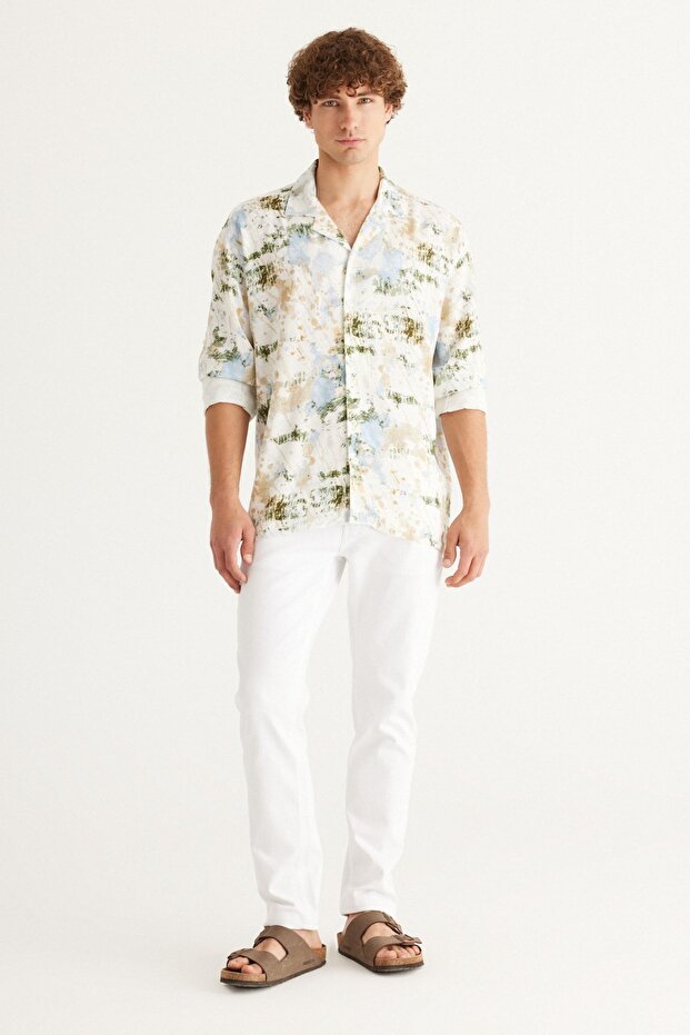 Erkek Ekru-mavi Keten Oversize Bol Kesim Küba Yaka Baskılı Gömlek - 7