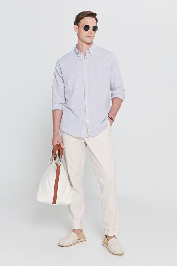 Erkek Gri Keten Comfort Fit Rahat Kesim Düğmeli Yaka Casual Gömlek - 2