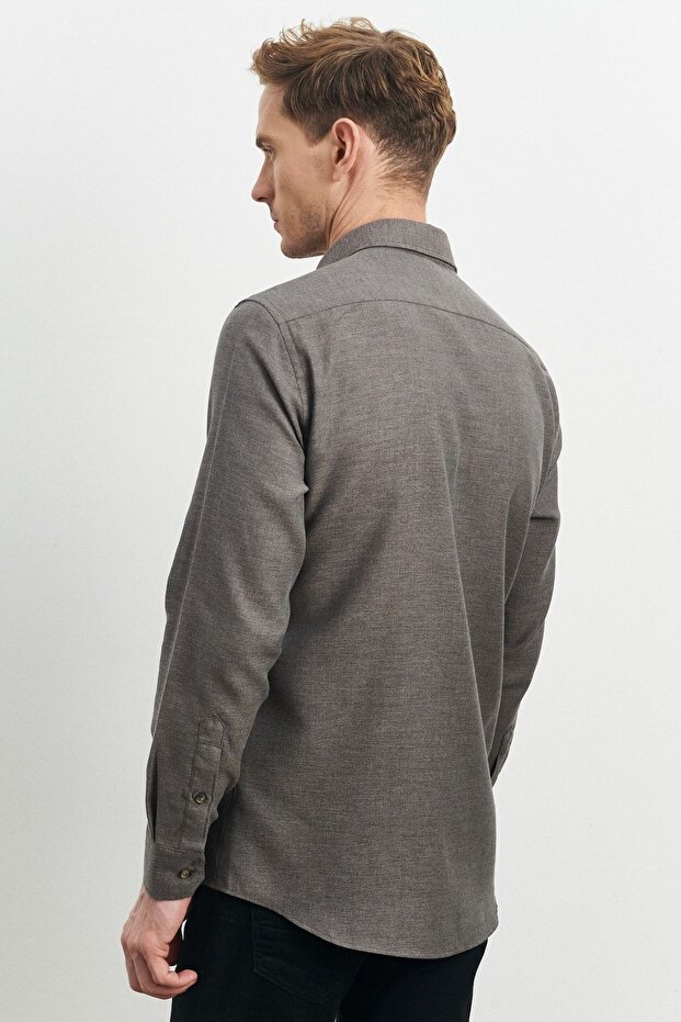 Erkek Kahverengi Slim Fit Dar Kesim Düğmeli Yaka Flanel Oduncu Gömlek - 5