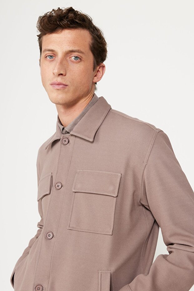 Erkek Koyu Bej Oversize Fit Bol Kesim Klasik Yaka Pamuklu Desenli Gömlek Ceket - 6