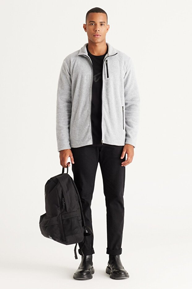 Erkek Gri Melanj Standart Fit Dik Bato Yaka Cepli Fermuarlı Soğuk Geçirmez Sweatshirt Polar Ceket - 4