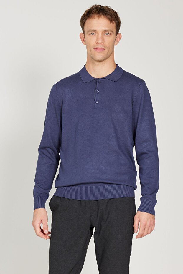 Men's Indigo Standard Fit Regular Cut Polo Collar Knitwear Sweater