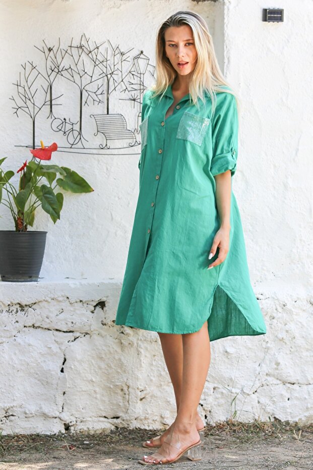 Sea Green Shirt Collar Buttoned 3/4 Sleeve Sequined Pocket Slit Woven Casual Dress